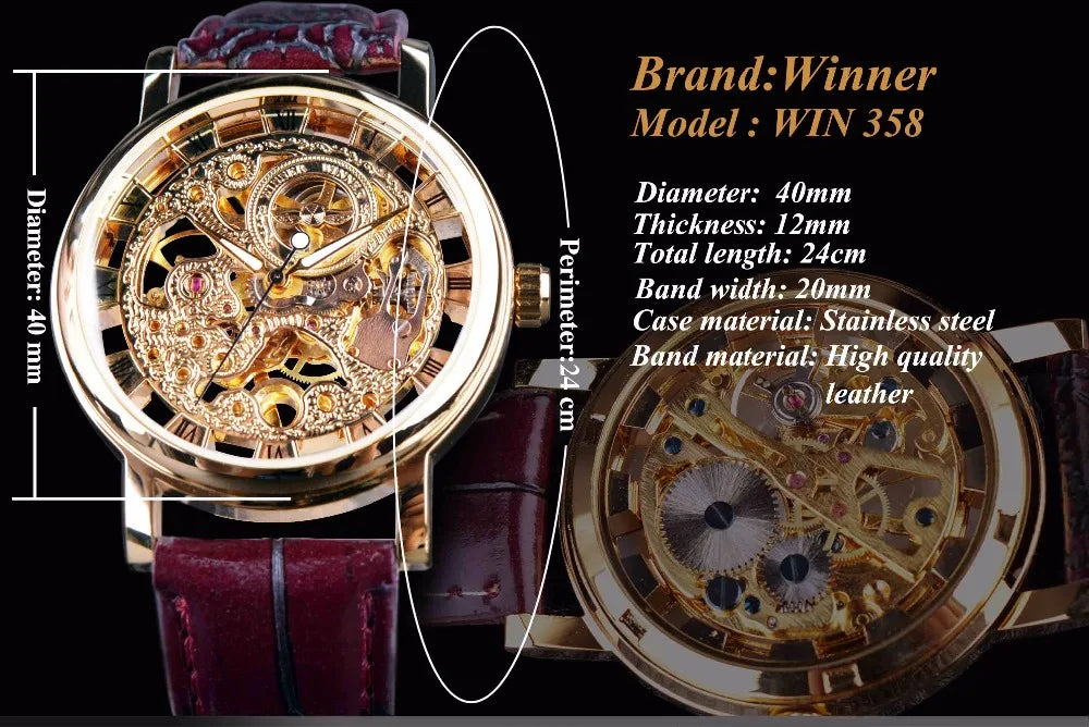 Winner Royal Carving Skeleton Brown Leather Strap Transparent Thin Case Skeleton Design Watch Watches Men Luxury Brand Clock Men