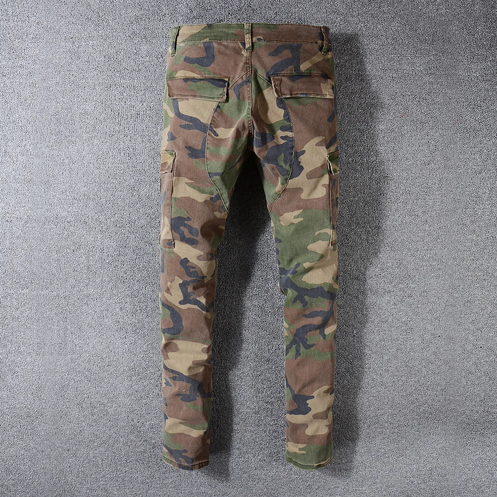 Sokotoo Men's camouflage printed patchwork military biker jeans for moto Slim fit straight army green pockets cargo denim pants