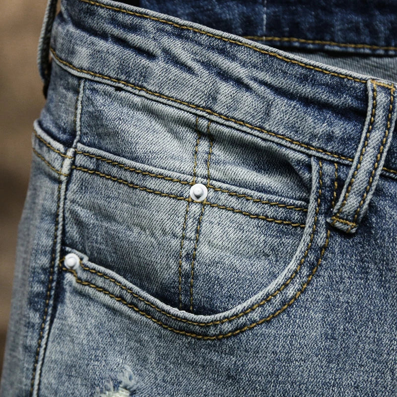 Ripped Jeans Men Skinny Light Blue High Street Style Male Jeans Elasticity Slim Fit Frayed Casual Men Pants Trousers Biker Jeans