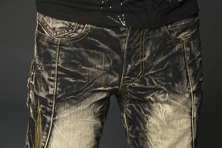 Mens Black Rock Hip Hop Jeans Studs Embroidery Gold Wings Pants Europe and America Street Fashion Vintage Ripped Straight Jeans
