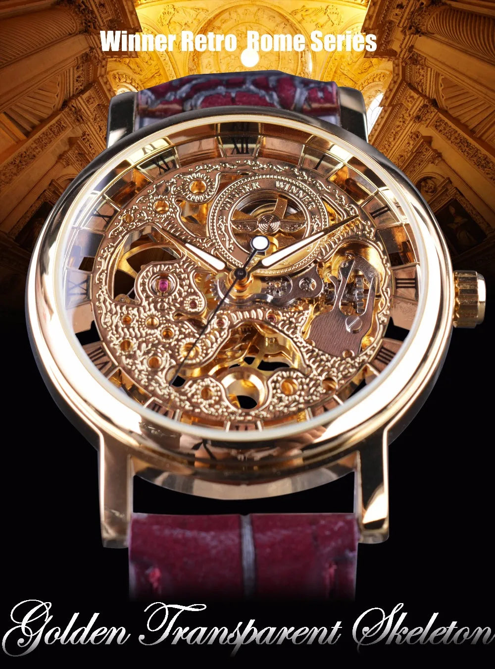 Winner Royal Carving Skeleton Brown Leather Strap Transparent Thin Case Skeleton Design Watch Watches Men Luxury Brand Clock Men