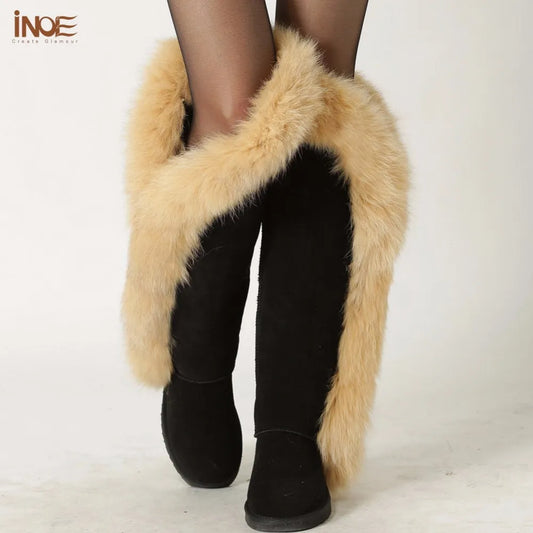 INOE Fashion Fox Fur Botas Real Cow Suede Leather Over The Knee Long Winter Snow Boots for Women Thigh Warm Shoes Black Brown