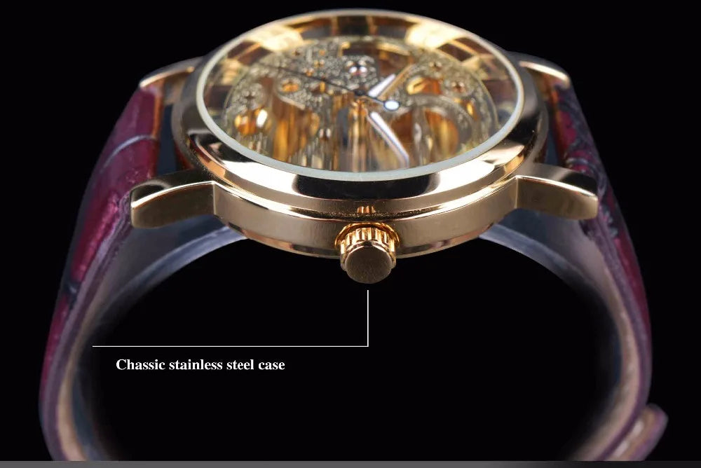 Winner Royal Carving Skeleton Brown Leather Strap Transparent Thin Case Skeleton Design Watch Watches Men Luxury Brand Clock Men