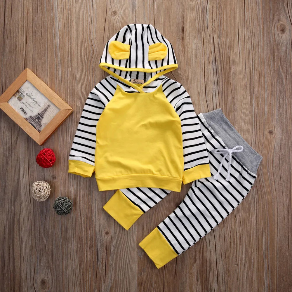 Newborn Toddler Infant Kids Baby Boys Girls Outfits Clothes Long Sleeve Hooded T shirt Tops Pants 2PCS Casual Clothes Set