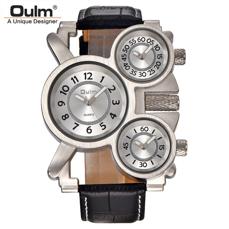 Mens Watches Oulm Top Brand Luxury Military Quartz Watch Unique 3 Small Dials Leather Strap Male Wristwatch Relojes Hombre