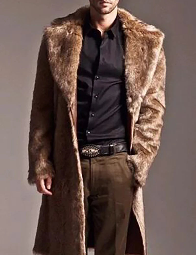 Men Fur Coat Winter Faux Fur Outwear On One Sides Coat Mens Punk Parka Jackets Long Leather Overcoats Genuine Fur Brand Clothing