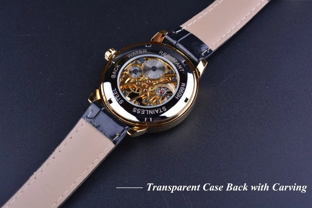 Forsining 3d Logo Design Hollow Engraving Black Gold Case Leather Skeleton Mechanical Watches Men Luxury Brand Heren Horloge