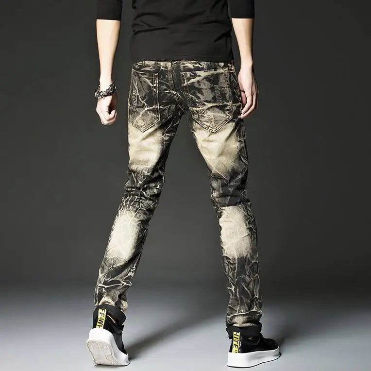 Mens Black Rock Hip Hop Jeans Studs Embroidery Gold Wings Pants Europe and America Street Fashion Vintage Ripped Straight Jeans