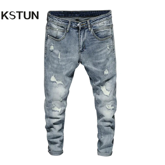 Ripped Jeans Men Skinny Light Blue High Street Style Male Jeans Elasticity Slim Fit Frayed Casual Men Pants Trousers Biker Jeans