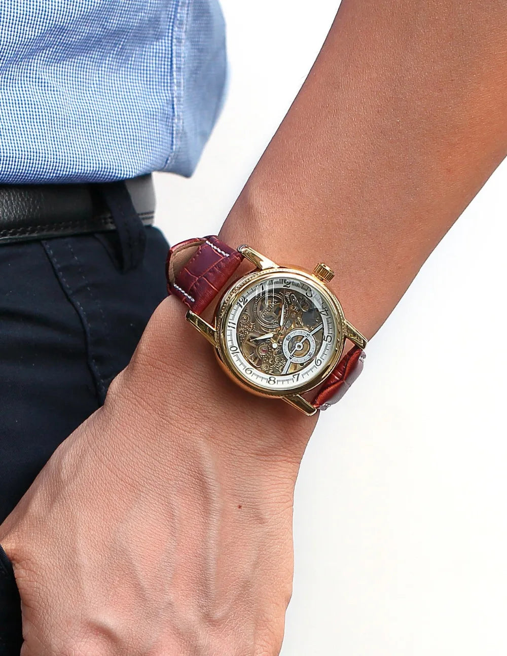 Men Wrist Watches Luxury Golden Skeleton Mechanical Steampunk Male Clock Automatic Wristwatch Leather Strap Herren Horloges