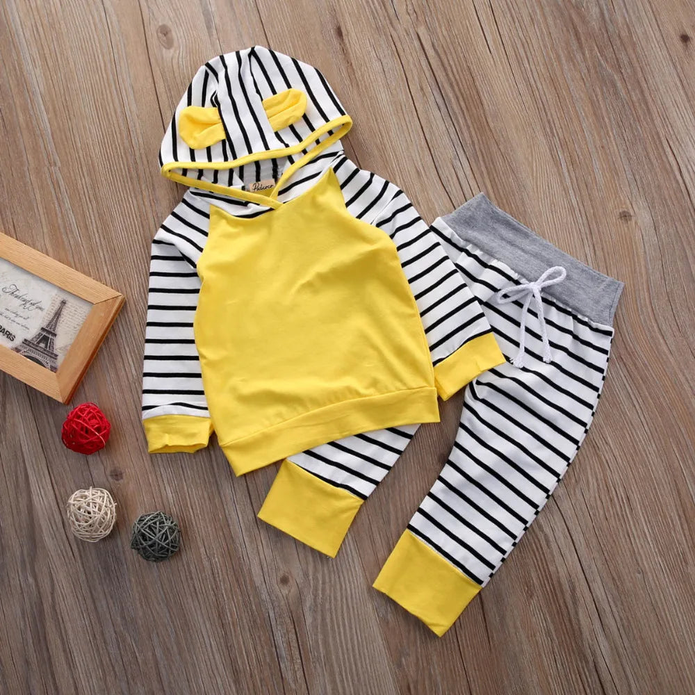 Newborn Toddler Infant Kids Baby Boys Girls Outfits Clothes Long Sleeve Hooded T shirt Tops Pants 2PCS Casual Clothes Set