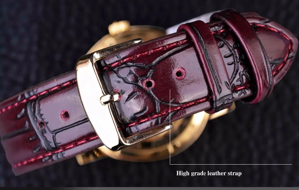Winner Royal Carving Skeleton Brown Leather Strap Transparent Thin Case Skeleton Design Watch Watches Men Luxury Brand Clock Men