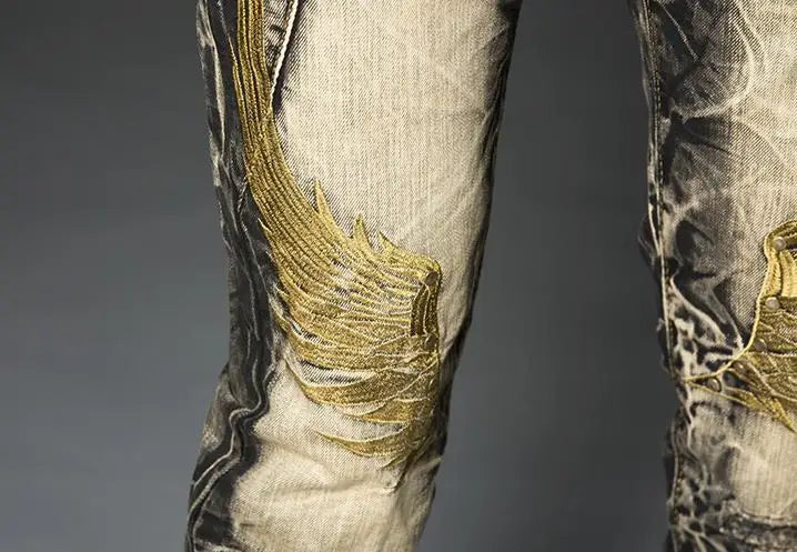 Mens Black Rock Hip Hop Jeans Studs Embroidery Gold Wings Pants Europe and America Street Fashion Vintage Ripped Straight Jeans