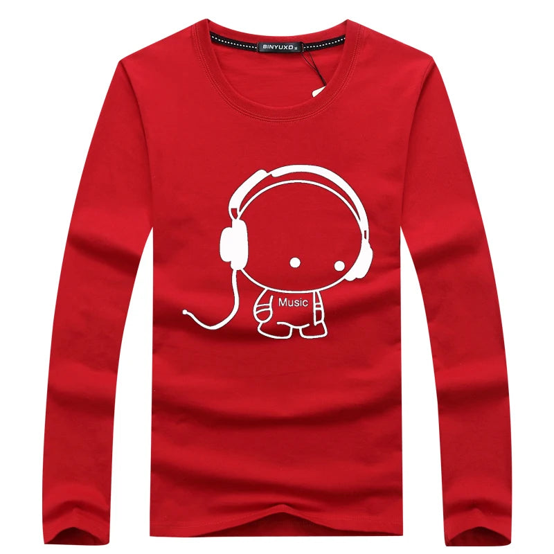 Brand Hot Sale Fashion Men Long Sleeve T-Shirt Casual Rock Headset Earphone Dogs Music Printing Tops Cool O-neck tees
