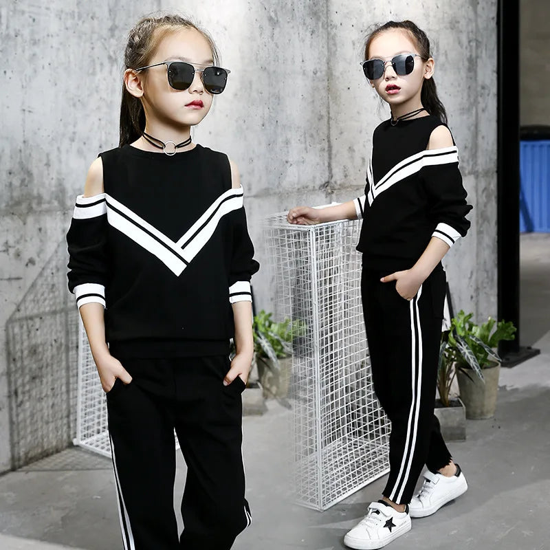 Fashion Big Girls Sports Suits Off Shoulder Black and White Clothing Set for Teenage Autumn Tracksuit Kids Plus Size Sportswear