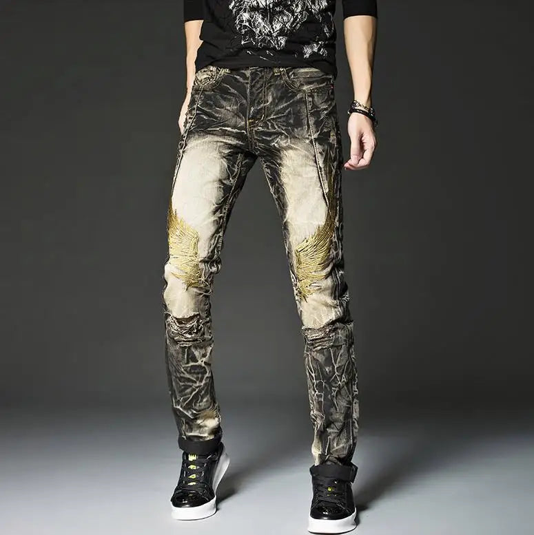 Mens Black Rock Hip Hop Jeans Studs Embroidery Gold Wings Pants Europe and America Street Fashion Vintage Ripped Straight Jeans