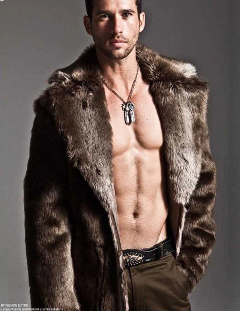 Men Fur Coat Winter Faux Fur Outwear On One Sides Coat Mens Punk Parka Jackets Long Leather Overcoats Genuine Fur Brand Clothing