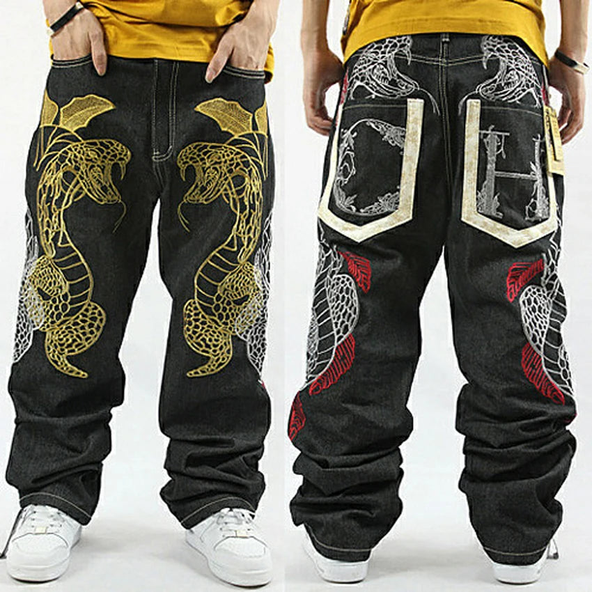 Fashion Printed Jeans New Loose Hip Hop Jeans Homme Python Embroidery Hip-hop Denim Harem Pants Overalls Men Straight Jeans