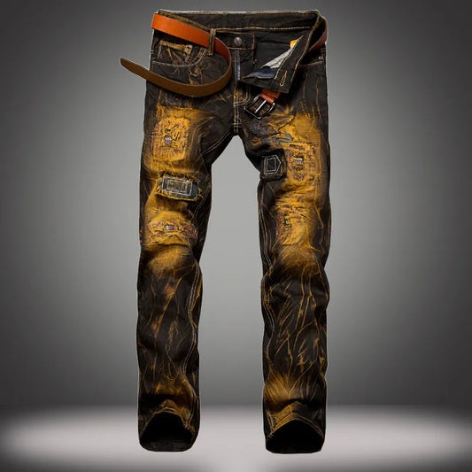 classic casual men's jeans Men Retro Hole Ripped Jeans Straight Slim Fit Cargo denim Trousers Fashion Biker Jeans Male 2 color