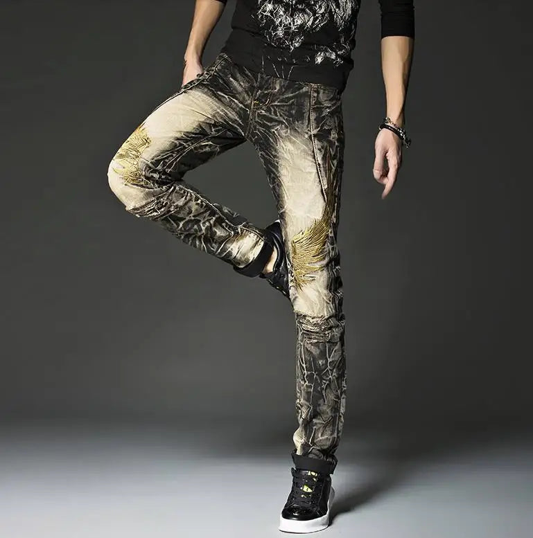 Mens Black Rock Hip Hop Jeans Studs Embroidery Gold Wings Pants Europe and America Street Fashion Vintage Ripped Straight Jeans
