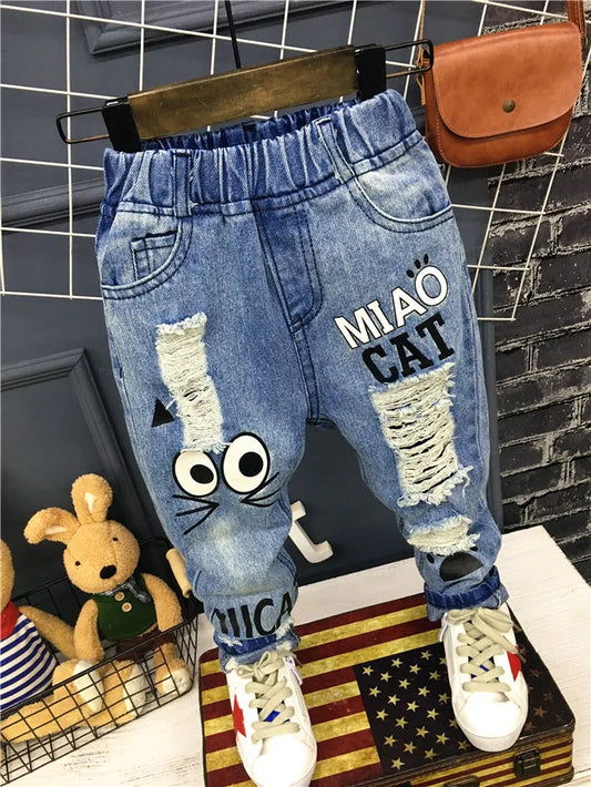 Baby Boys Girls Jeans Pants New 2019 Children Trousers 1-7Yrs Boys Girls Jeans Boys Casual Pants Cartoon Cat Jeans For Kids