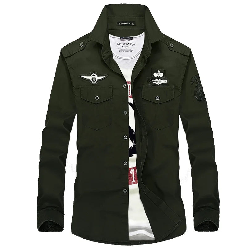 2023 New Double Pockets Men Dress Military Shirts Cotton Male Clothes Casual Slim Fit Shirts Men Camisa Masculina AYG82