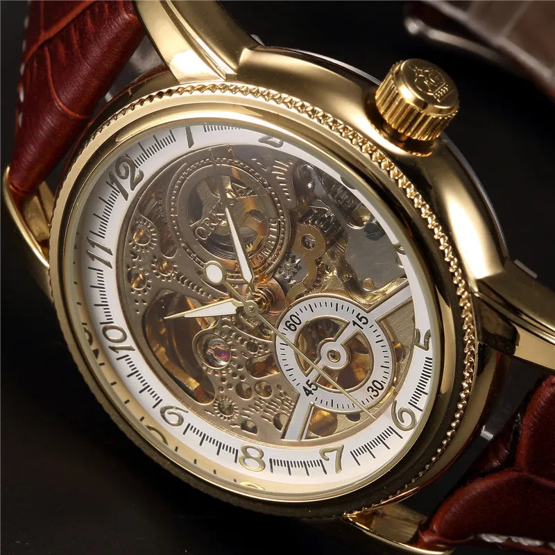 Men Wrist Watches Luxury Golden Skeleton Mechanical Steampunk Male Clock Automatic Wristwatch Leather Strap Herren Horloges