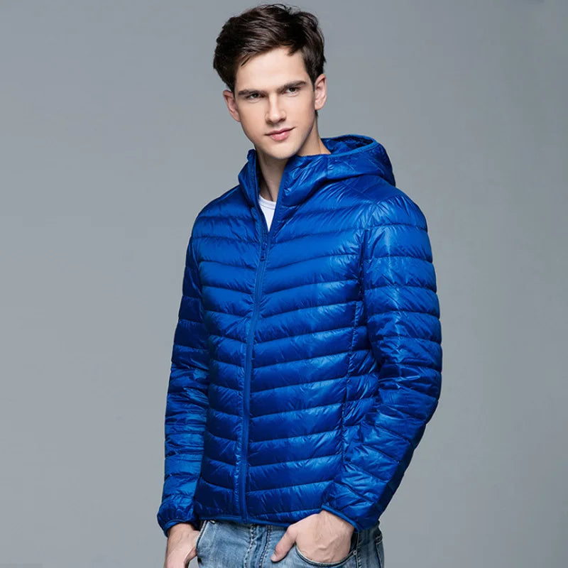Men Fluffy Winter Coat Fashion Hooded Duck Down Jackets Ultralight Puffer Down Coat Portable Slim Feather Filling Parkas 5XL 6XL