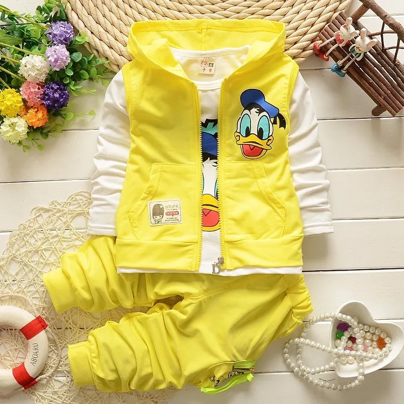 Boys Clothing Sets Children Fashion Donald Duck Baby boy T-shirt Vest Coat And Pants Suit 3pcs Outfits Mickey Kids Sport Suit