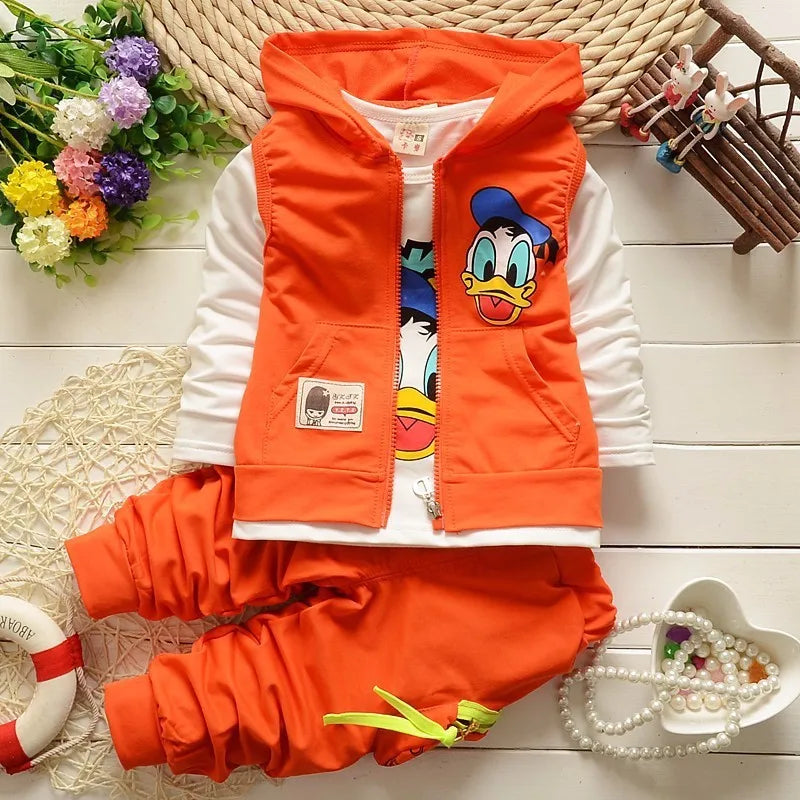 Boys Clothing Sets Children Fashion Donald Duck Baby boy T-shirt Vest Coat And Pants Suit 3pcs Outfits Mickey Kids Sport Suit