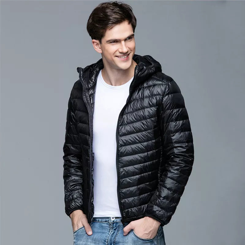 Men Fluffy Winter Coat Fashion Hooded Duck Down Jackets Ultralight Puffer Down Coat Portable Slim Feather Filling Parkas 5XL 6XL