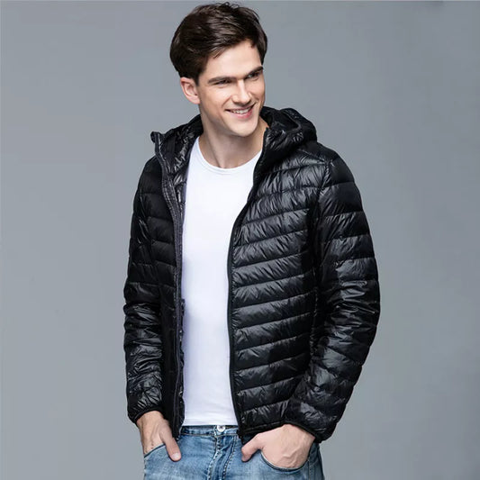 Men Fluffy Winter Coat Fashion Hooded Duck Down Jackets Ultralight Puffer Down Coat Portable Slim Feather Filling Parkas 5XL 6XL