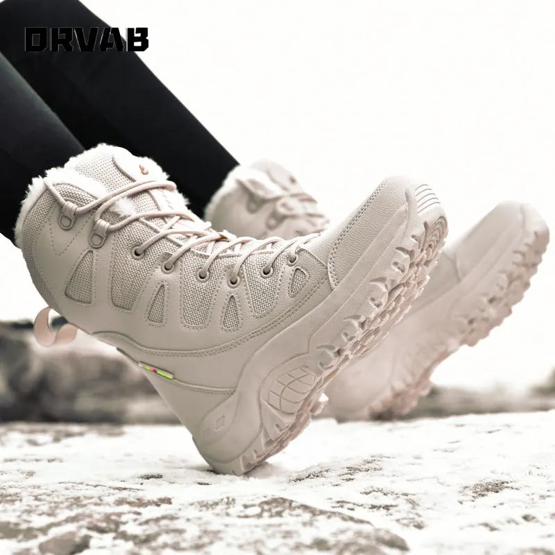PLUS SIZE 36-46 Military Boots Leather Combat Boots for Men and Woman Fur Plush Winter Snow Boots Outdoor Army Bots Army Shoes