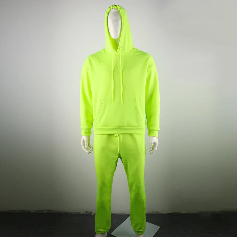 Neon Green Style Men's Fashion Tracksuit Solid 2 Pieces Long Sleeve Hoody+Loose Swearpants Casual Sportsuit Men 2024 Newest OMSJ