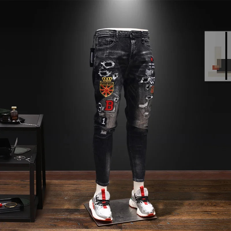 Men New Trend Ripped Embroidery Casual Slim Fit Jeans Pants