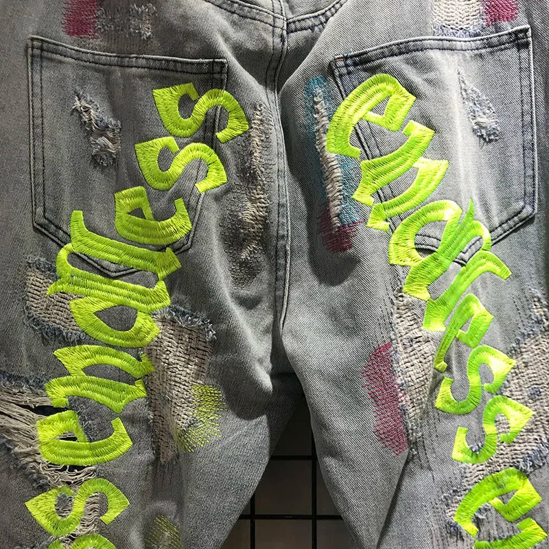 Black Fluorescent Green Letter Embroidery Denim Pants Men Women Hip Hop Damage hole Distressed Jeans High Quality Denim Jean