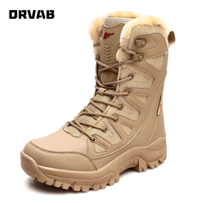 PLUS SIZE 36-46 Military Boots Leather Combat Boots for Men and Woman Fur Plush Winter Snow Boots Outdoor Army Bots Army Shoes