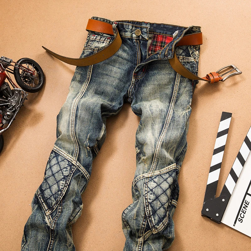 Jeans For Men Cargo Pants Splicing Denim Trousers Biker High Quality Male Straight Casual Designer Military Many Multi-Pocket