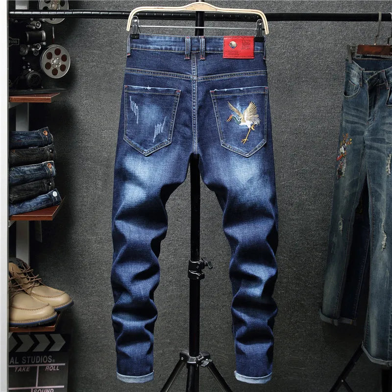 New men streetwear Bird embroidery Stretch Skinny Jogger Jeans  fashion brand Man Stretch cotton denim  black  blue trousers