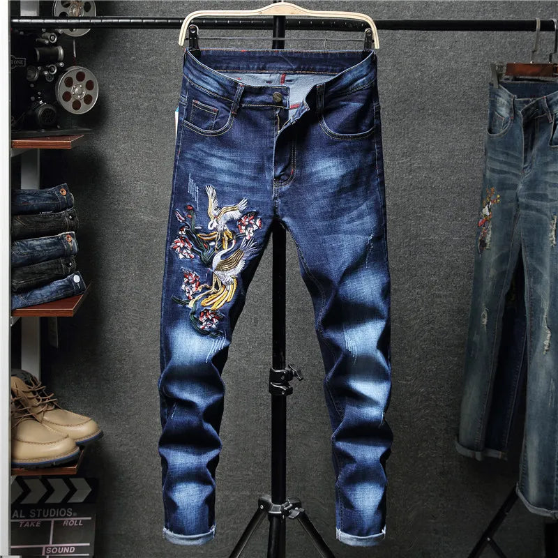 New men streetwear Bird embroidery Stretch Skinny Jogger Jeans  fashion brand Man Stretch cotton denim  black  blue trousers