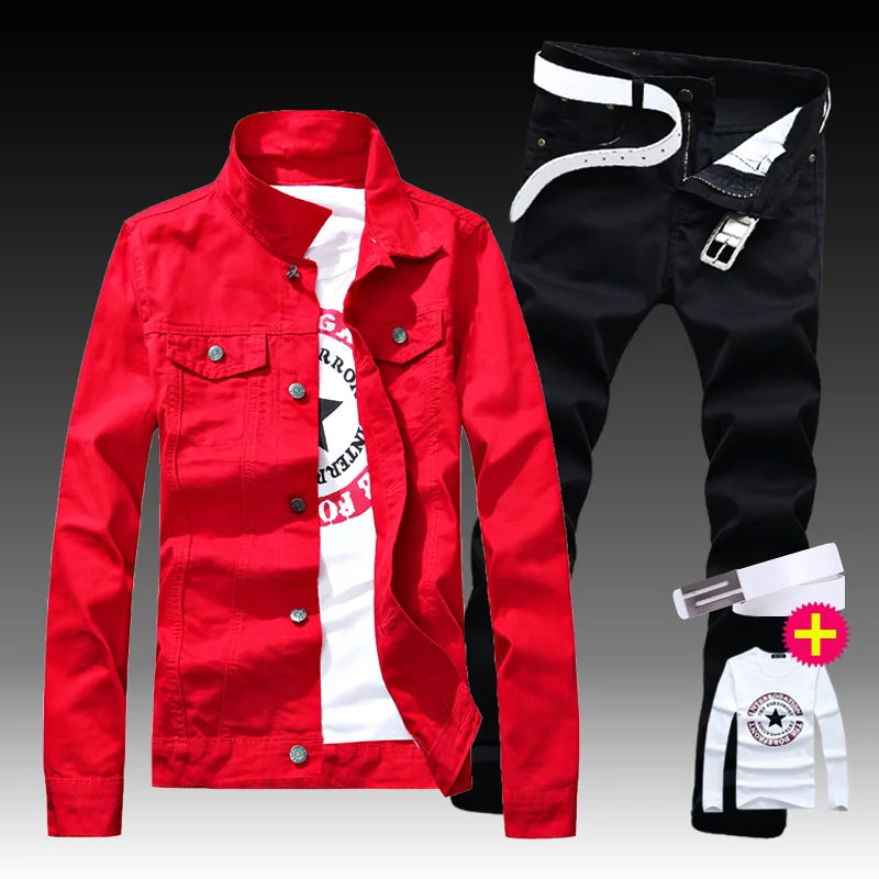 New Men's Denim Jacket Pants 2pcs Set Single Breasted Holes Casual Coat Trousers Slim Fit Cool Boys Jackets A222