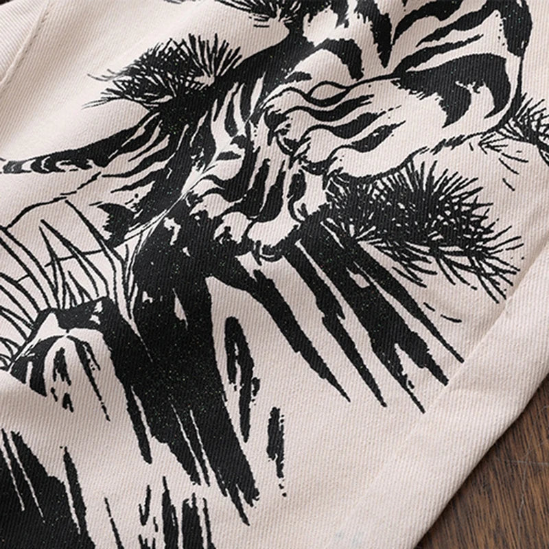 Men's great wall tiger printed jeans Fashion khaki denim slim straight pants