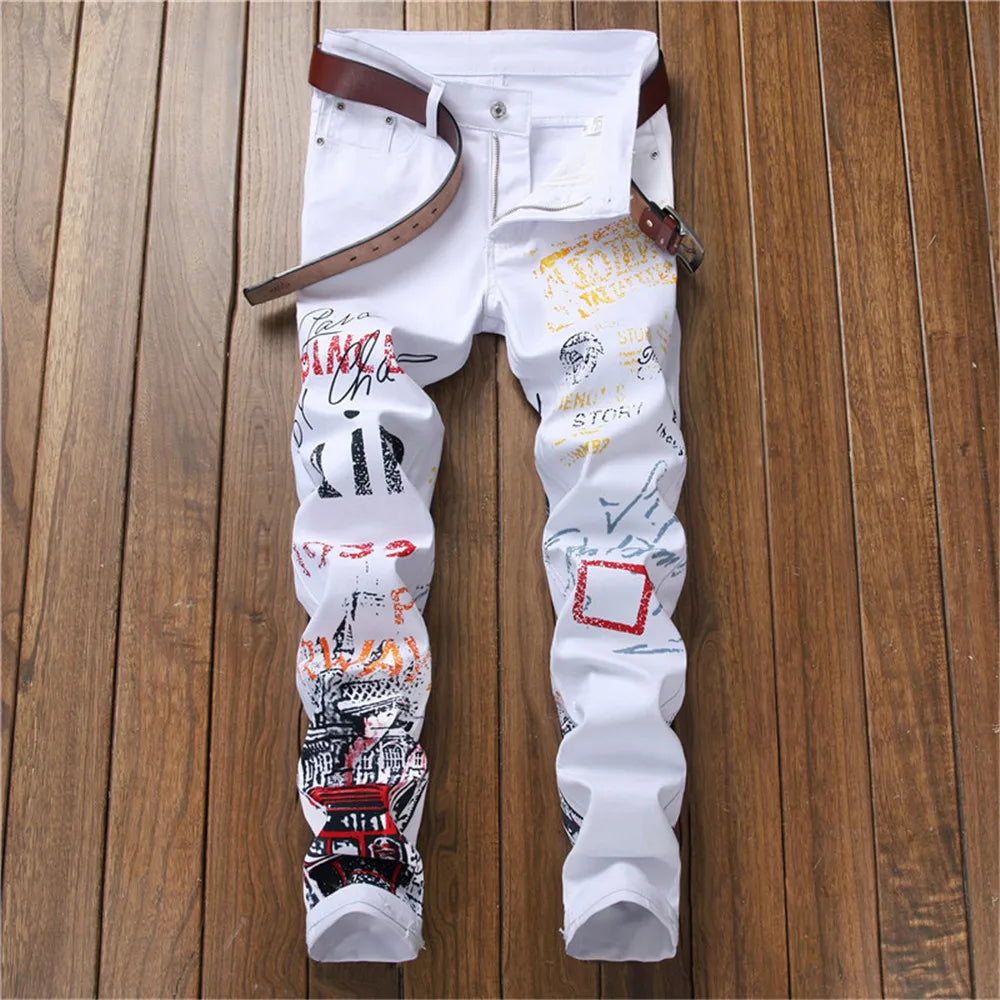 New European-Style Digital Print Men Jeans Slim Fashionable Trousers Stretch Pants Small Feet Casual High Quality Denim Pants