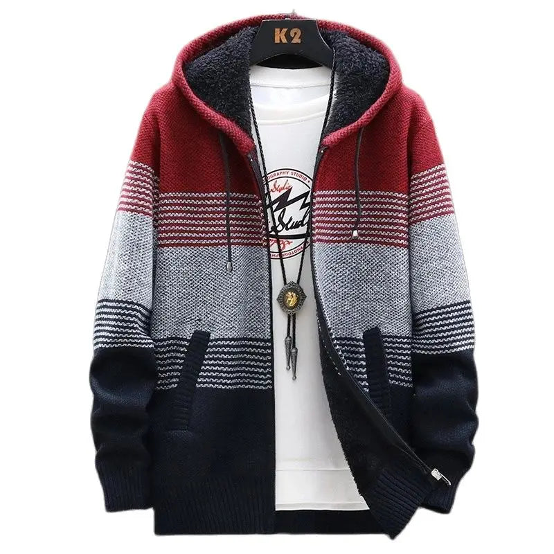 Cardigan Men Sweaters Coats Winter Fleece Knitted Sweater Jacket Mens Striped Sweater Coat Warm Zipper Wool Hooded Cardigan Men