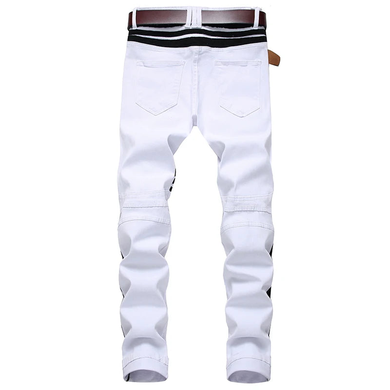 New White Men's Jeans Straight Denim Jeans with Zippers Contrast Color Stripe Male Pants Slim Plus Size Trousers