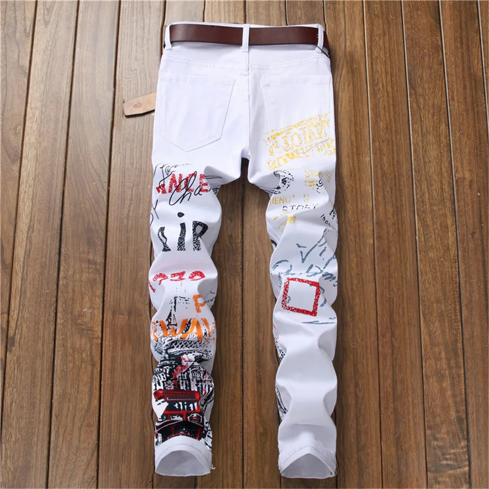 New European-Style Digital Print Men Jeans Slim Fashionable Trousers Stretch Pants Small Feet Casual High Quality Denim Pants