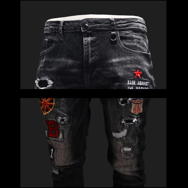 Men New Trend Ripped Embroidery Casual Slim Fit Jeans Pants