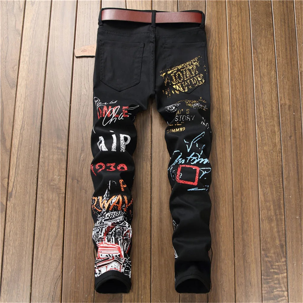 New European-Style Digital Print Men Jeans Slim Fashionable Trousers Stretch Pants Small Feet Casual High Quality Denim Pants