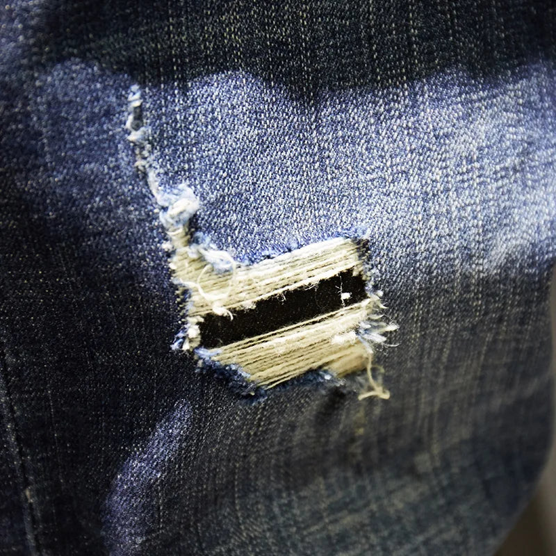 Mens Ripped Jeans Slim Fit Dark Blue Spring Autumn Destroyed Torn Stylish Moto Biker Jeans Denim Pants Men Hip hop Streetwear