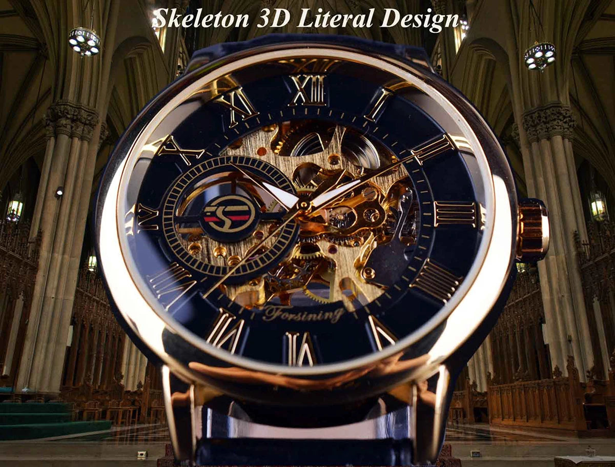 Forsining 3d Logo Design Hollow Engraving Black Gold Case Leather Skeleton Mechanical Watches Men Luxury Brand Heren Horloge